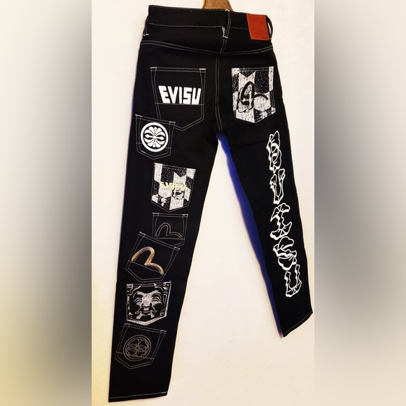 Evisu Black White Multi-Pocket Tapered Embroidered Denim Jeans NWT w Bag - Picture 7 of 15
